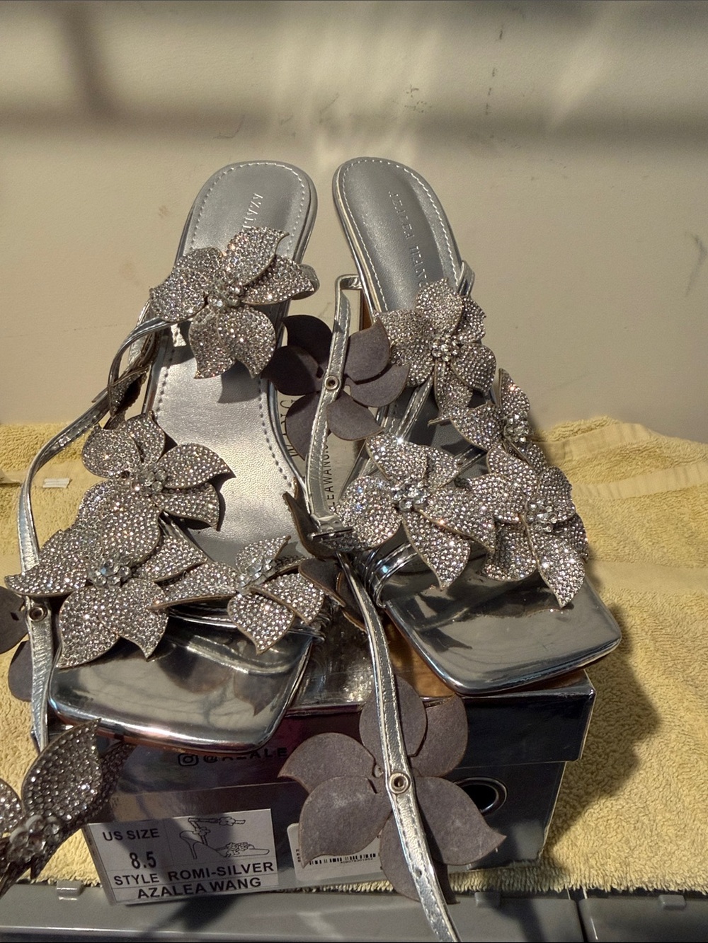 Azalea Wang Silver Crystal Floral Heels